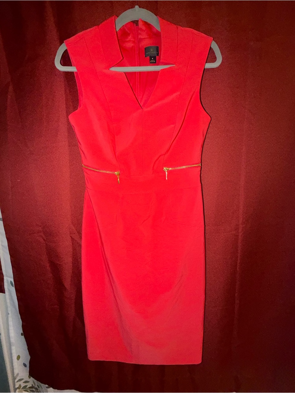 Worthington Red Sleeveless Sheath Dress with Gold Zipper Detail